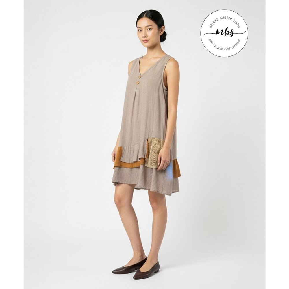 MISSLOOK Lagenlook Mixed Media Ruffle Sleeveless Tunic Dress Tan Brown Women L